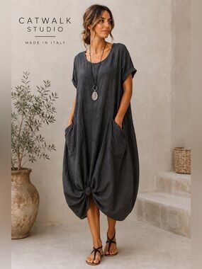 Catwalk Studio Made in Italy 100% Linen Lagenlook Balloon Dress Dark Gray OS